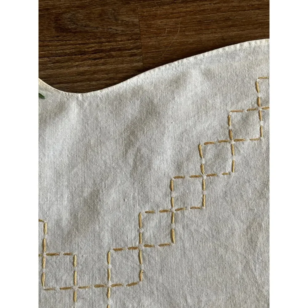 Antique Floral Embroidery Table Runner 16x39 White Cotton Rainbow Boho Scalloped